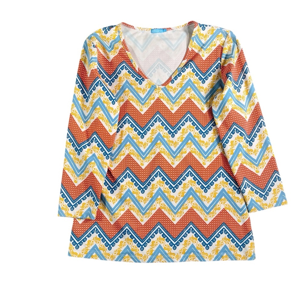 J.McLaughlin Women’s Orange/Blue/Yellow Patterned 3/4 Sleeve V-Neck Top Size S